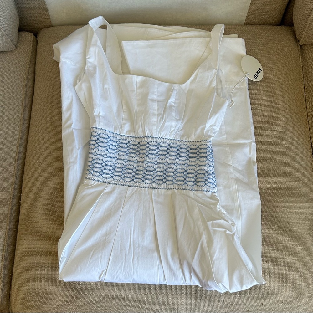 NWT STAUD Rig Embroidered Midi Dress - White Blue Cotton Cocktail - Picture 5 of 10